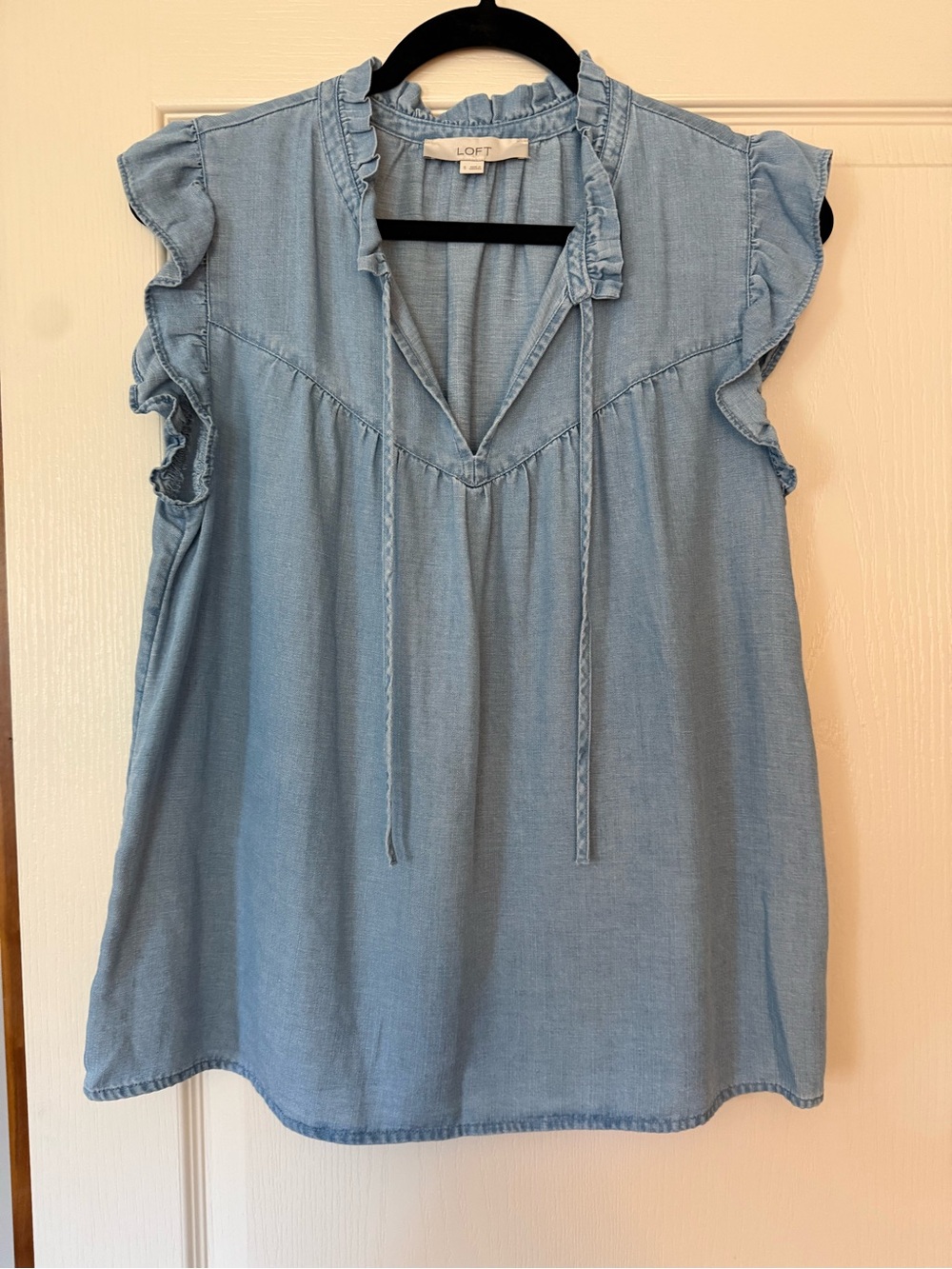 LOFT Light Blue Chambray Ruffle Sleeve Tie-Front Blouse